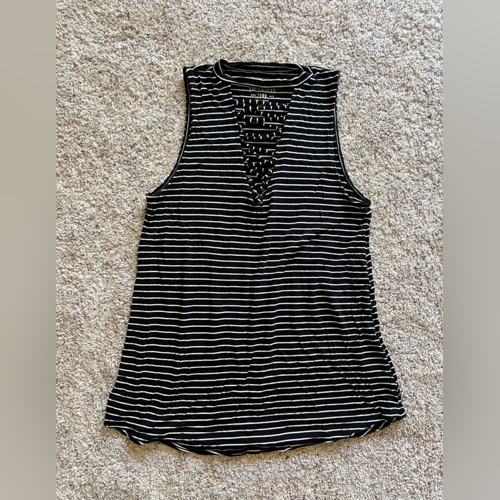 Women’s AE Soft + Sexy tank top | Black + White stripe | Size S